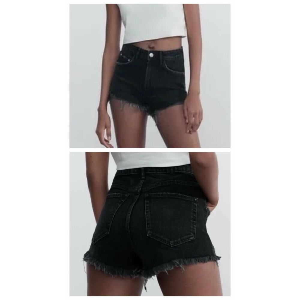 Zara Hi-Rise Distressed Frayed Hem Cut-Off Denim Shorts Black Size 4
